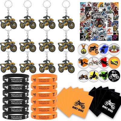 BANBALLON 98 PCS Dirt Bike Party Favor Dirt Bike Key Chains Silicone Wristband Stickers Goodie Bags Button Badges For Dirt Bike Party Club Gift Boy Mans birthday party Supplies