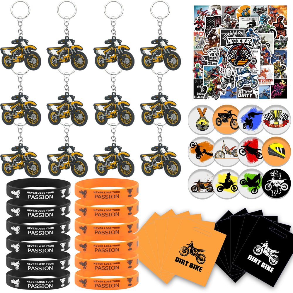 BANBALLON 98 PCS Dirt Bike Party Favor Dirt Bike Key Chains Silicone Wristband Stickers Goodie Bags Button Badges For Dirt Bike Party Club Gift Boy Mans birthday party Supplies