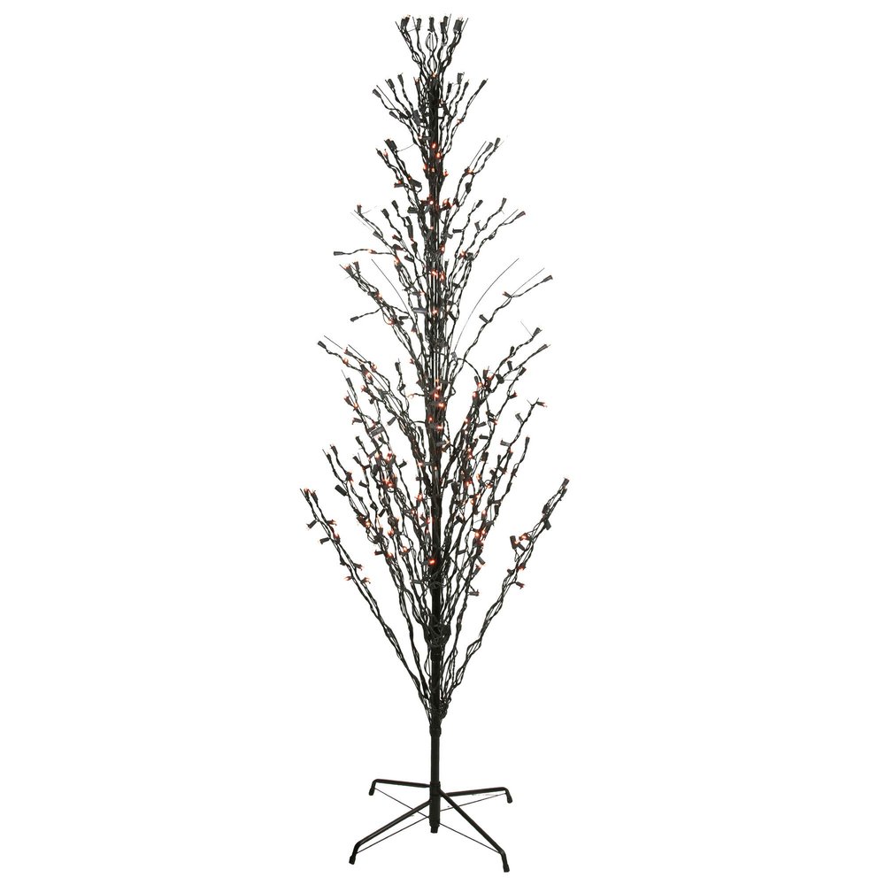 6' Pre-Lit Black Cascade Outdoor Halloween Twig Tree Orange Lights