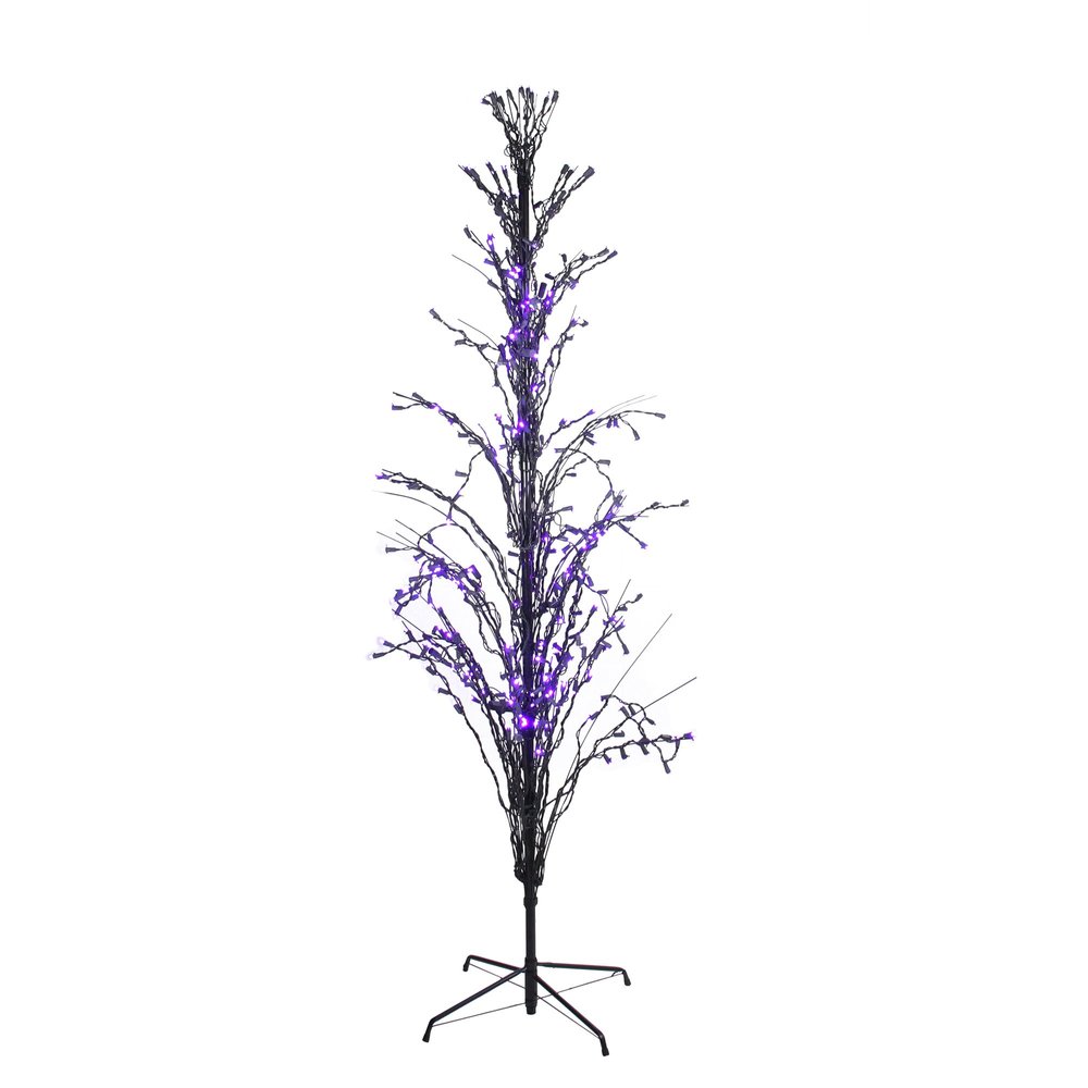 4' Pre-Lit Black Cascade Outdoor Halloween Twig Tree Purple Lights
