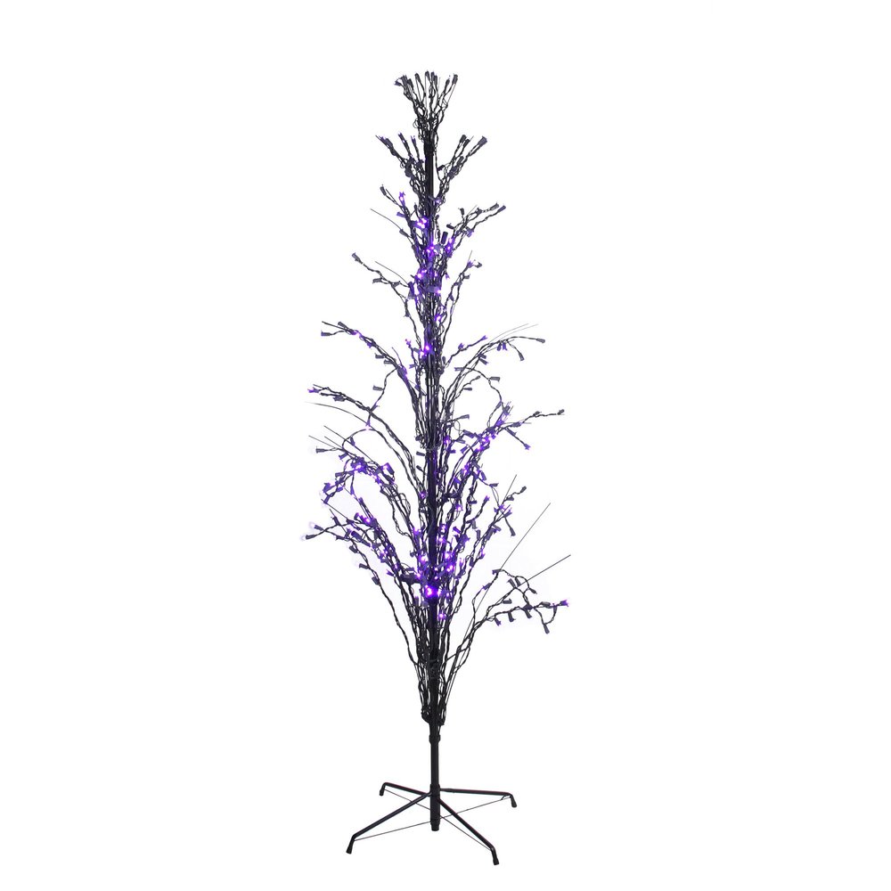 6' Pre-Lit Black Cascade Outdoor Halloween Twig Tree Purple Lights