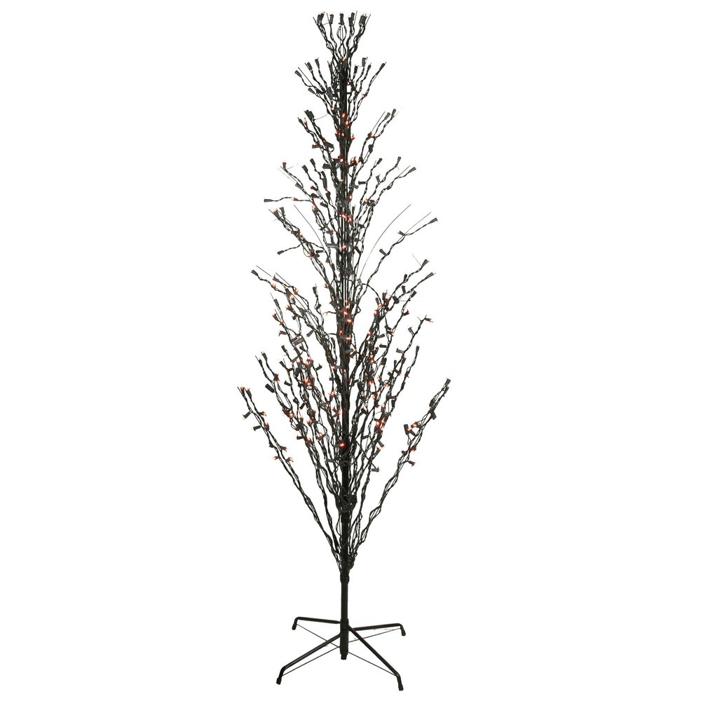 4' Pre-Lit Black Cascade Outdoor Halloween Twig Tree Orange Lights