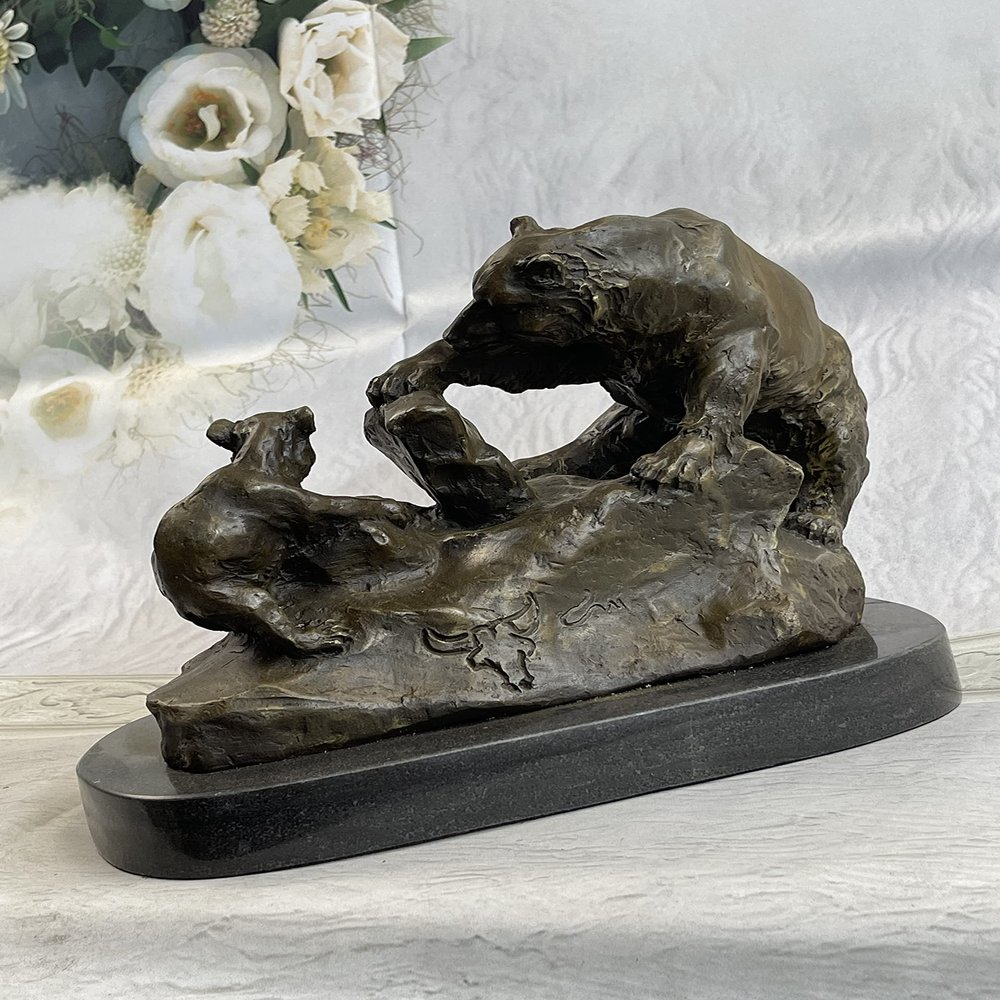 Handcrafted Bronze Sculpture Sale Cub & Bear Mother Signed Russelle Figurine Art