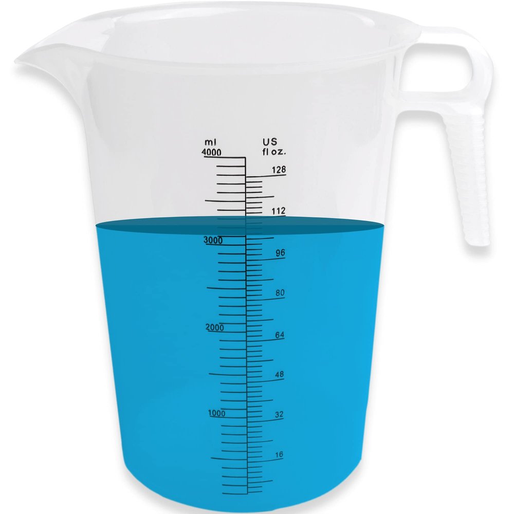 ACCUPOUR 128oz (1 gallon) Measuring Pitcher, Plastic, Multipurpose - Great for Oil, Chemicals, Pool and Lawn - Ounce (oz) and Milliliter (mL) Increments (4000 mL)