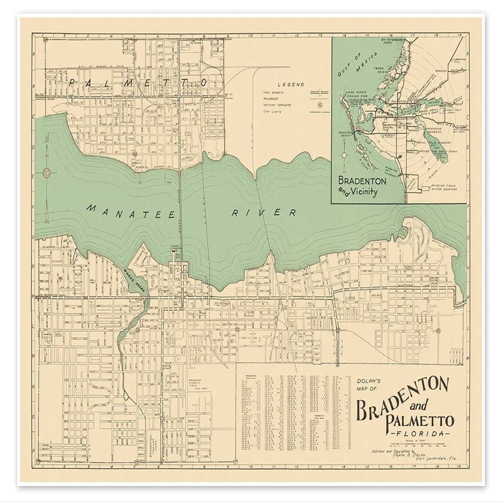 Antiguos Maps Bradenton and Palmetto Map - The Friendly City Florida City Street Art Print by Dolph circa 1940 (24 inches x 32 inches)