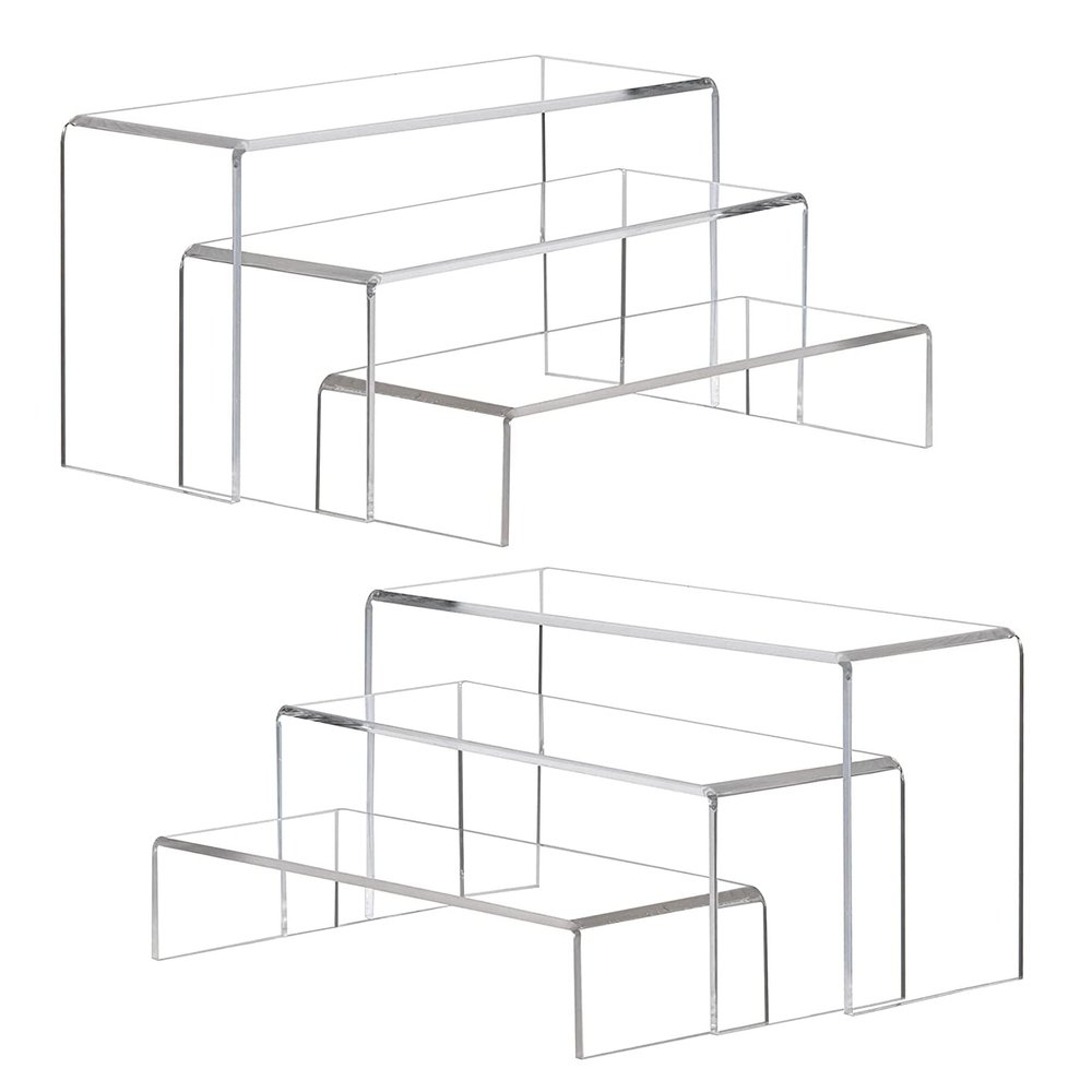 ANDGOO Large Acrylic Display Risers, 2 Sets(11.2L~11.6L~12L) Clear Rectangular Showcase Collectibles Display Shelf, Retail Desktop Risers Display Stand for Organize and Decoration