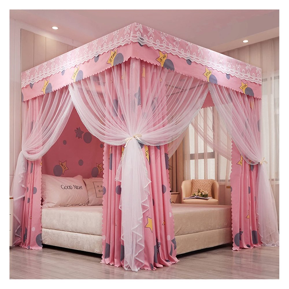 Bed Canopy Pink Girl Princess Room Bed Canopy Luxury Bed Curtain, Double-Layer Encrypted Thick Bed Canopies, for 1.5m/1.8m/2m Double Bed, with Mounting Brackets