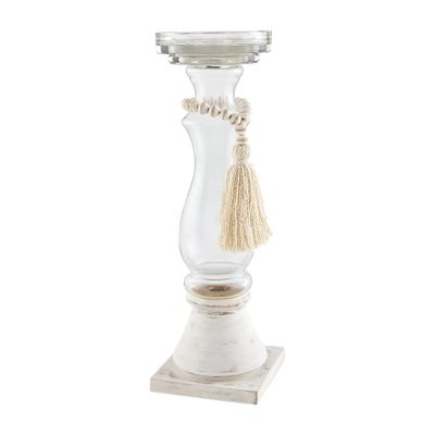 Mud Pie Glass Wood Bead Candlestick, Small, 12" x 3.5"