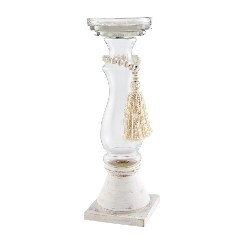 Mud Pie Glass Wood Bead Candlestick, Small, 12" x 3.5"