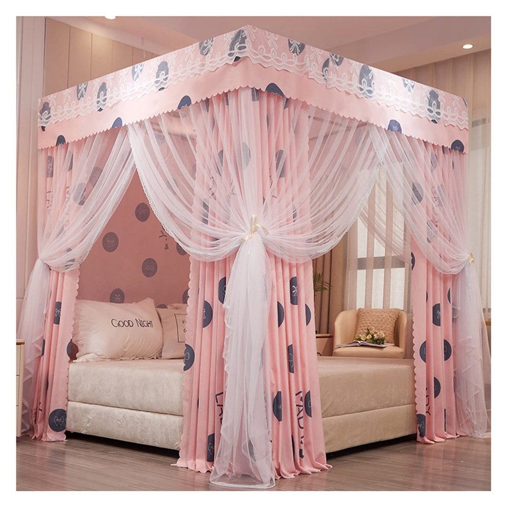 Bed Canopy Pink Girl Princess Room Bed Canopy Luxury Bed Curtain, Double-Layer Encrypted Thick Bed Canopies, for 1.5m/1.8m/2m Double Bed, with Mounting Brackets