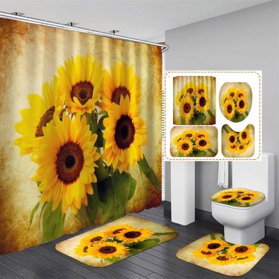 AZHM Sunflower Shower Curtain Sets with Rugs 4 Piece Flower Floral Decor for Bathroom Toilet Bathroom Mat, Curtain and 12 Hooks