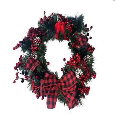 ACEVER 15-inch Christmas Wreath Floral with Red Berries, Pinecones and Red Bowknot for Home Room Garden Lintel Door Decoration