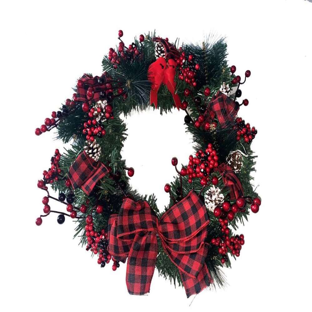 ACEVER 15-inch Christmas Wreath Floral with Red Berries, Pinecones and Red Bowknot for Home Room Garden Lintel Door Decoration