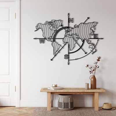DEKADRON Metal Wall Decor, World Map Paralel Compass, Home Living Room Decor, Wall Sign, Metal Wall Art, Interior Decoration, Indoor Outdoor Hangings (98x75cm)