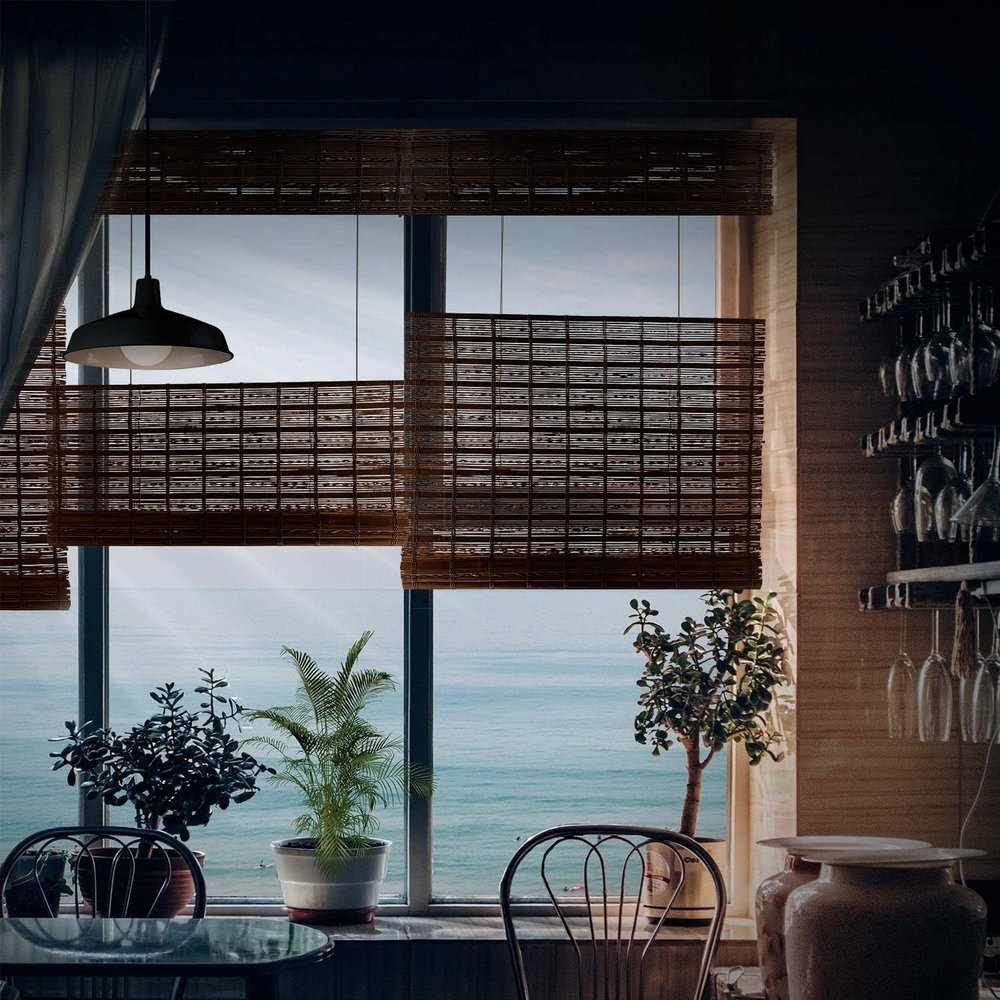 MOOD Custom Bamboo Shades | Twirl | Top Down Bottom Up Cordless | Bamboo Roman Shades for Windows and Doors (Natural Woven) | Rendezvous Twirl (Sheer) | 65.5" W x 48" H