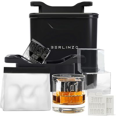 Berlinzo Premium Clear Ice Cube Maker with Conversation Ice Prints  4 Large 2.1" Crystal Clear Ice Squares  Giftable Idea for Party, Game Night & Just for Fun  Includes Storage Bag (Non-Electric)