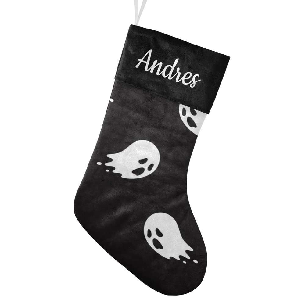 CUXWEOT Personalized Ghost Halloween Spooky Christmas Stockings Customize Name Candy Bag for Family Holiday Party Decorations Gift 17.52 x 7.87 Inch