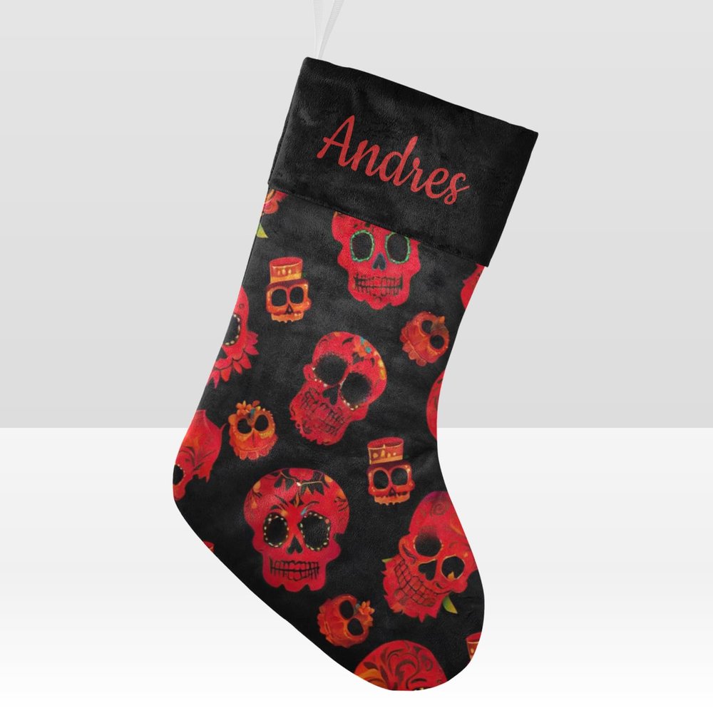 CUXWEOT Personalized Mexican Sugar Skulls Red Black Christmas Stockings Customize Name Candy Bag for Family Holiday Party Decorations Gift 17.52 x 7.87 Inch