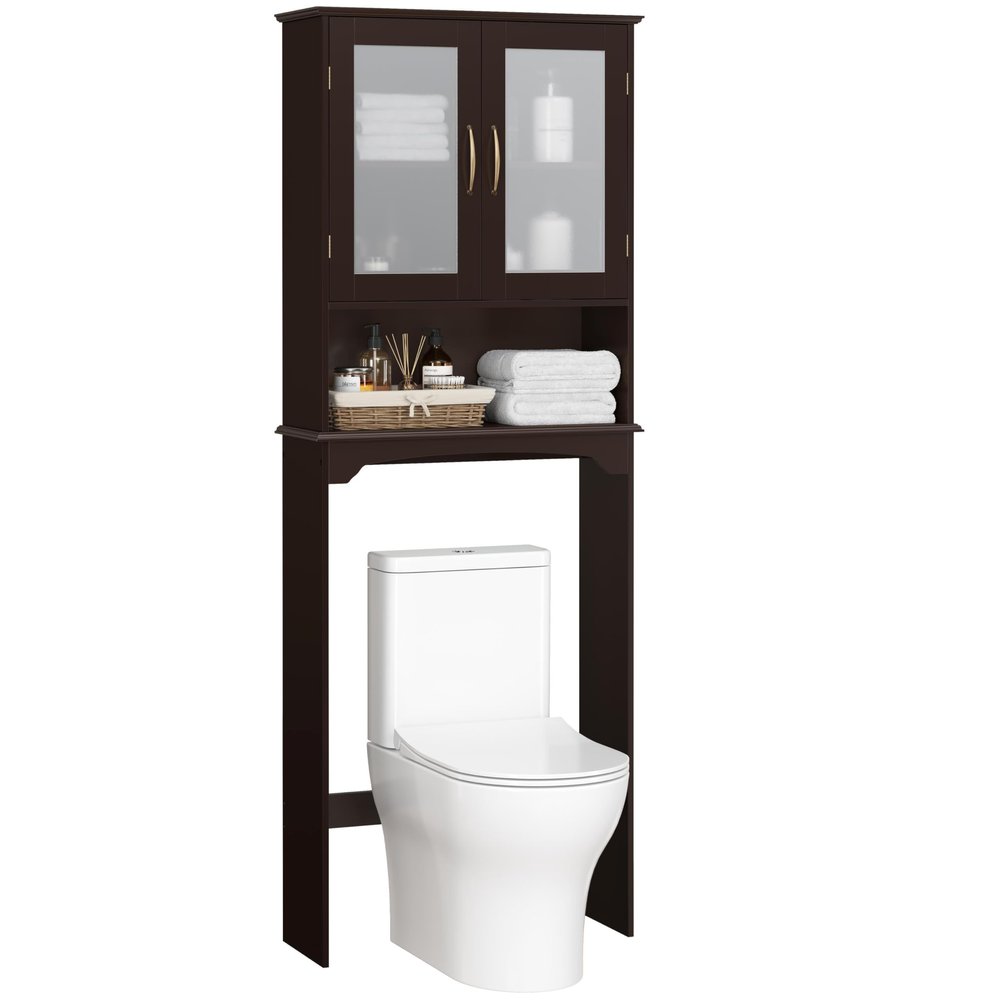 Topeakmart Modern Free-Standing Over-The-Toilet Storage with 2-Door Tempered Glass Cabinet and 1 Open Shelf, Space-Saving for Bathroom, Espresso
