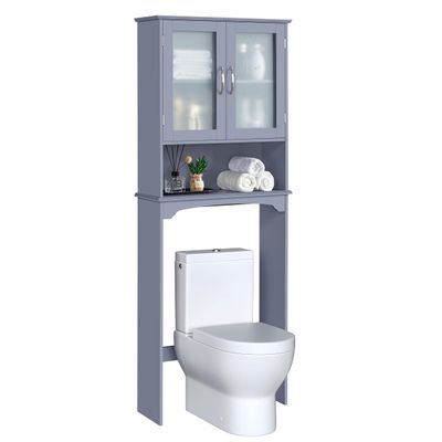 Topeakmart Over The Toilet Storage with 2-Door Tempered Glass Cabinet, Wooden Space-Saving with Toilet Rack and Inner Adjustable Shelf, L25xW9xH66, Grey