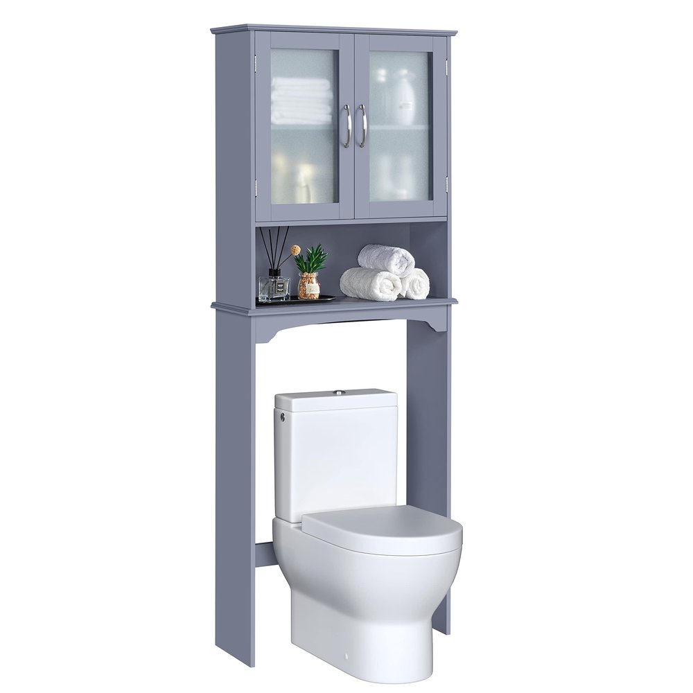 Topeakmart Over The Toilet Storage with 2-Door Tempered Glass Cabinet, Wooden Space-Saving with Toilet Rack and Inner Adjustable Shelf, L25xW9xH66, Grey