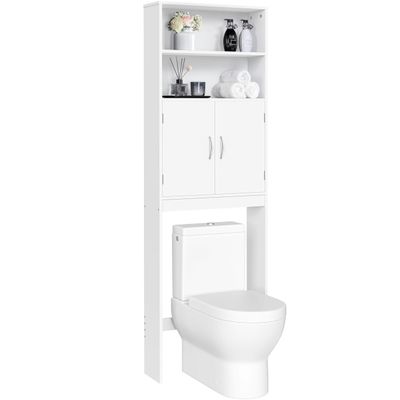 Topeakmart Over The Toilet Storage with 2 Doors & Adjustable Shelf, Free Standing Toilet Rack, Home Space-Saving Furniture with 2 Upper Open Compartments, L25xW8xH77 Inches, White