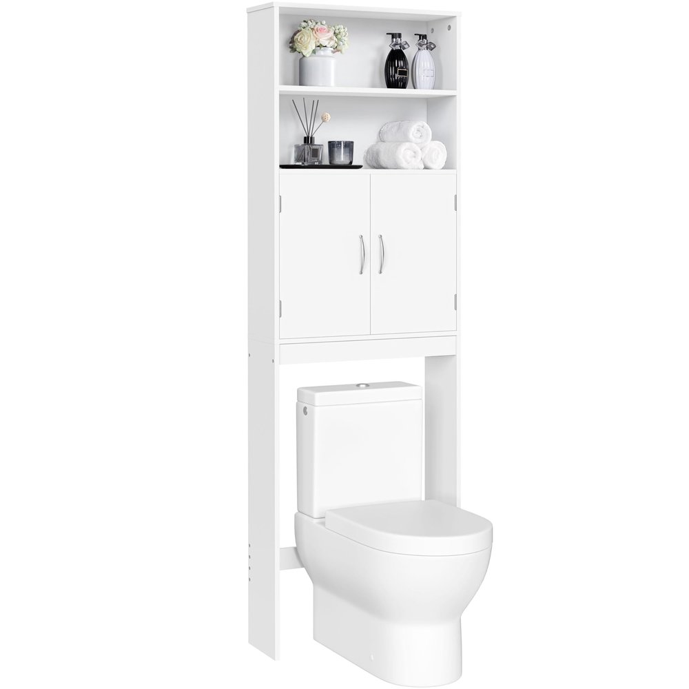 Topeakmart Over The Toilet Storage with 2 Doors & Adjustable Shelf, Free Standing Toilet Rack, Home Space-Saving Furniture with 2 Upper Open Compartments, L25xW8xH77 Inches, White