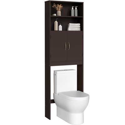 Topeakmart Over The Toilet Cabinet, Double Door Bathroom Storage Organizer, Toilet Rack with Inner Adjustable Shelf and 2 Upper Open Compartments, L25xW8xH77 Inches, Espresso