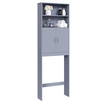 Topeakmart Over The Toilet Cabinet, Double Door Bathroom Storage Organizer, Toilet Rack with Inner Adjustable Shelf and 2 Upper Open Compartments, Gray