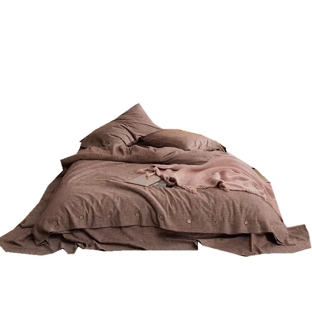 4 Pieces Cotton and Linen Mixed Home Bedding Solid Color Coffee Bed Sheets & Pillowcases Full Size Western Duvet Cover Sets (41YS-1-2MKK, 4pcs Full Size)