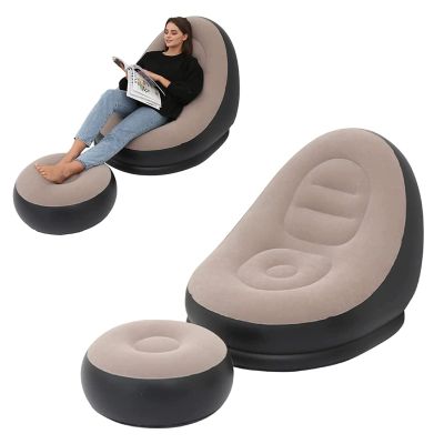 Inflatable Lounge Chair for Adults, Folding Portable Lazy Sofa with Foot Stool Lazy Flocking Recliner Chair Air Couch Sofa for Indoor Outdoor Travel CampingNo Pump