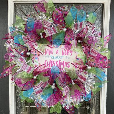 Festive & Fun Sweet Candy Christmas Deco Mesh Front Door Wreath, Porch Patio Entryway Decor, Holiday Decorations, Winter Party Gathering Family