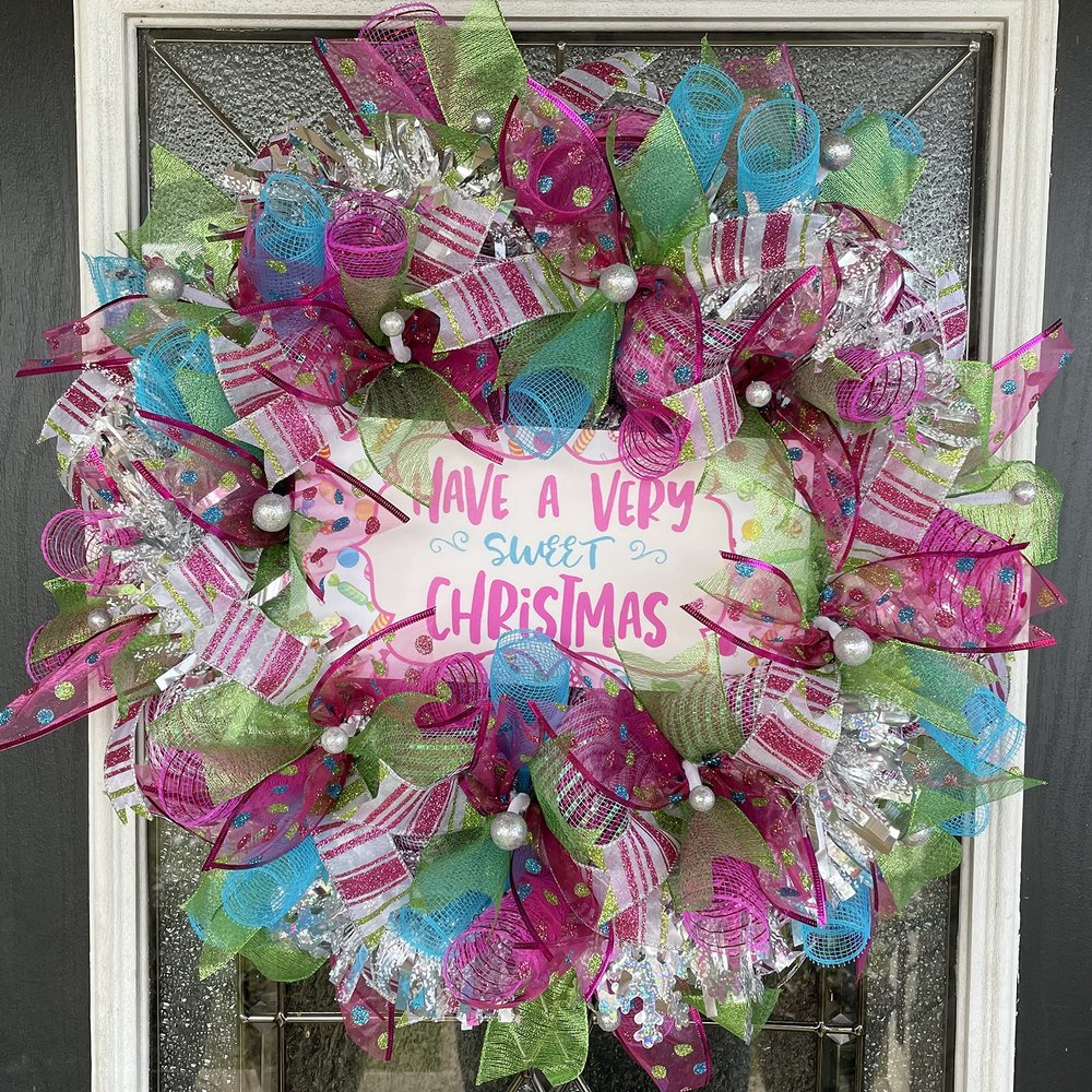 Festive & Fun Sweet Candy Christmas Deco Mesh Front Door Wreath, Porch Patio Entryway Decor, Holiday Decorations, Winter Party Gathering Family