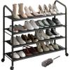 LEAIJIAFY Metal Shoe Rack with Wheels, Non-Woven Fabric Shoe Shelf, Shoe Rack with Wheels, 4 Tiers Black, Suitable for Entryway, Garage view 1