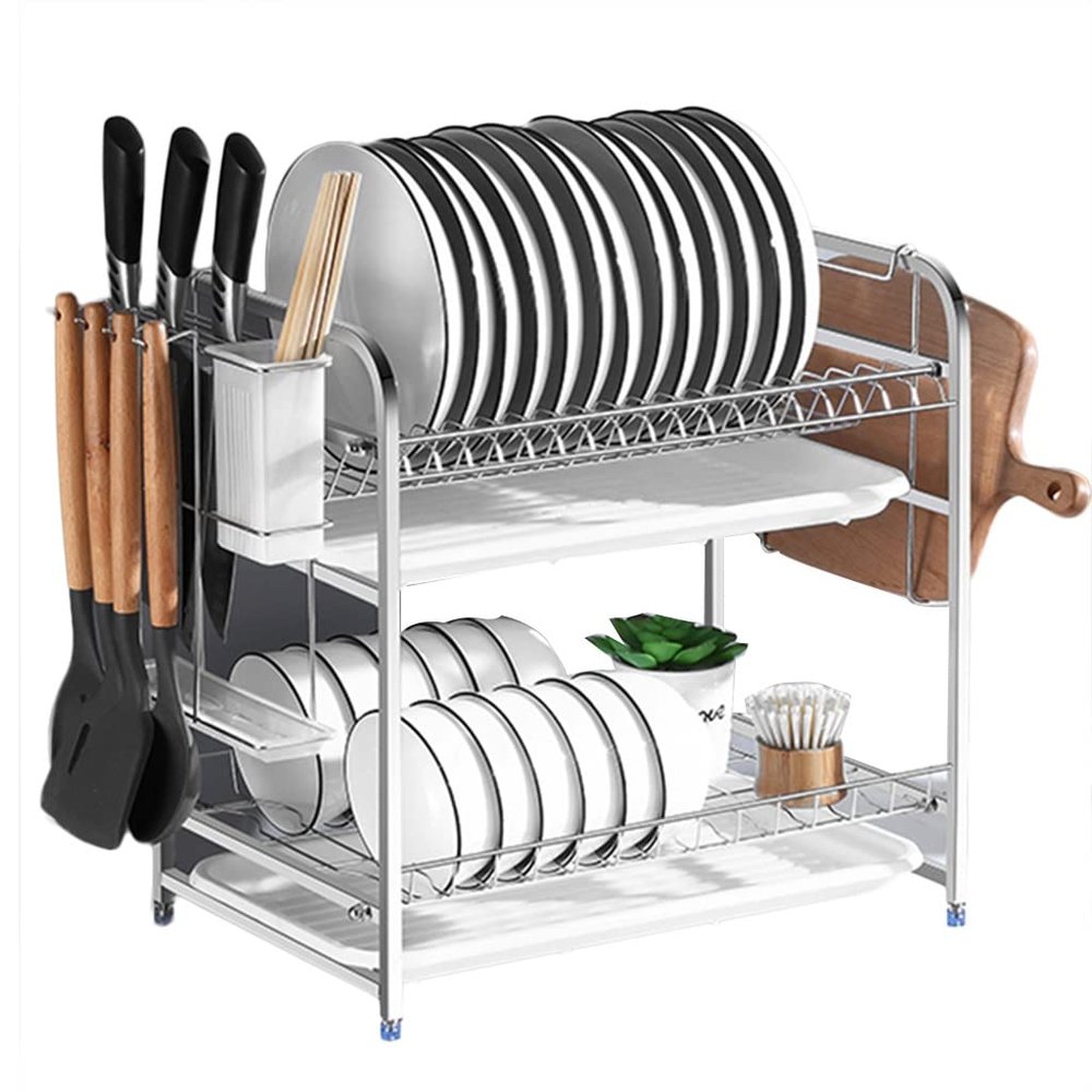 2-Tier Dish Drying Rack white 304 Stainless Steel Dish Rack,With hopstick holder for Kitchen Counter (Color : Silver, Size : 46X27X42CM)