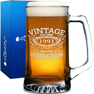 34th Birthday Vintage 34 Years Old Time 1991 Quality Etched 25 oz Beer Glass Mug Drinking Glasses Funny Gift for Men and Women