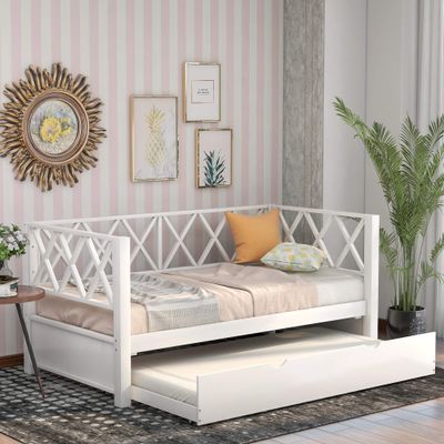 Twin Daybed with Trundle, Solid Wood Sofa Bed Frame with X-Shaped Back Design, Classic Dual-use Sturdy Daybed for Studio/Apartments/Guest Rooms/Home/Offices (White+Wood+Twin)