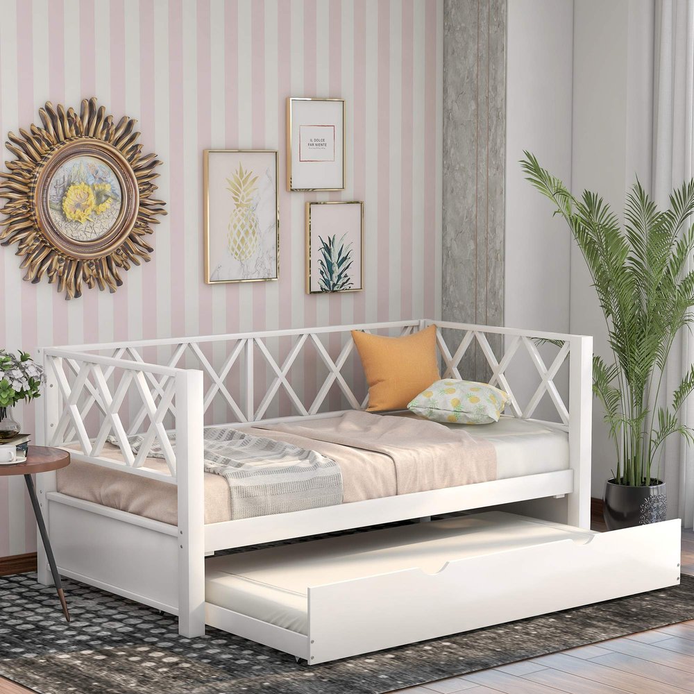 Twin Daybed with Trundle, Solid Wood Sofa Bed Frame with X-Shaped Back Design, Classic Dual-use Sturdy Daybed for Studio/Apartments/Guest Rooms/Home/Offices (White+Wood+Twin)