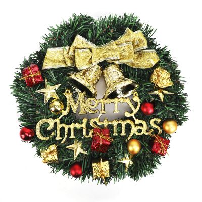 12Inches Merry Christmas Wreath with Gold Bells and Bows Handmade Christmas Ornament Wreath Indoor and Outdoor