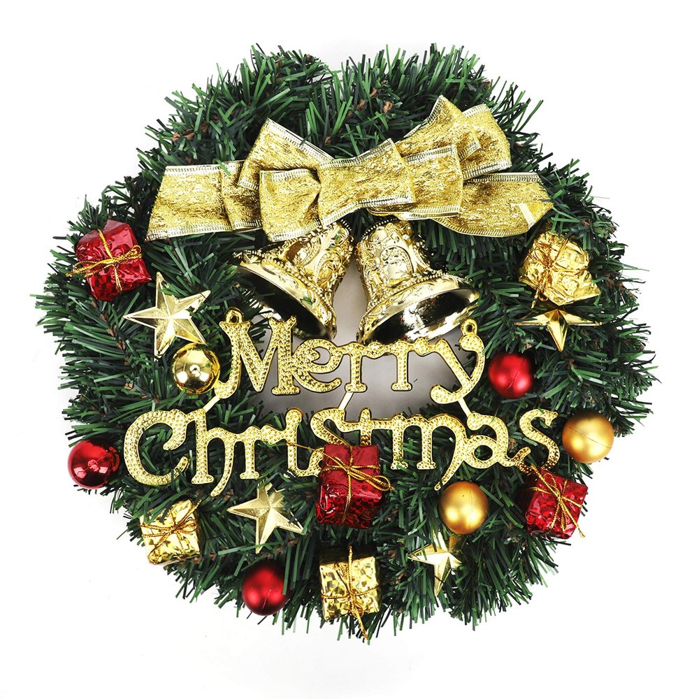 12Inches Merry Christmas Wreath with Gold Bells and Bows Handmade Christmas Ornament Wreath Indoor and Outdoor