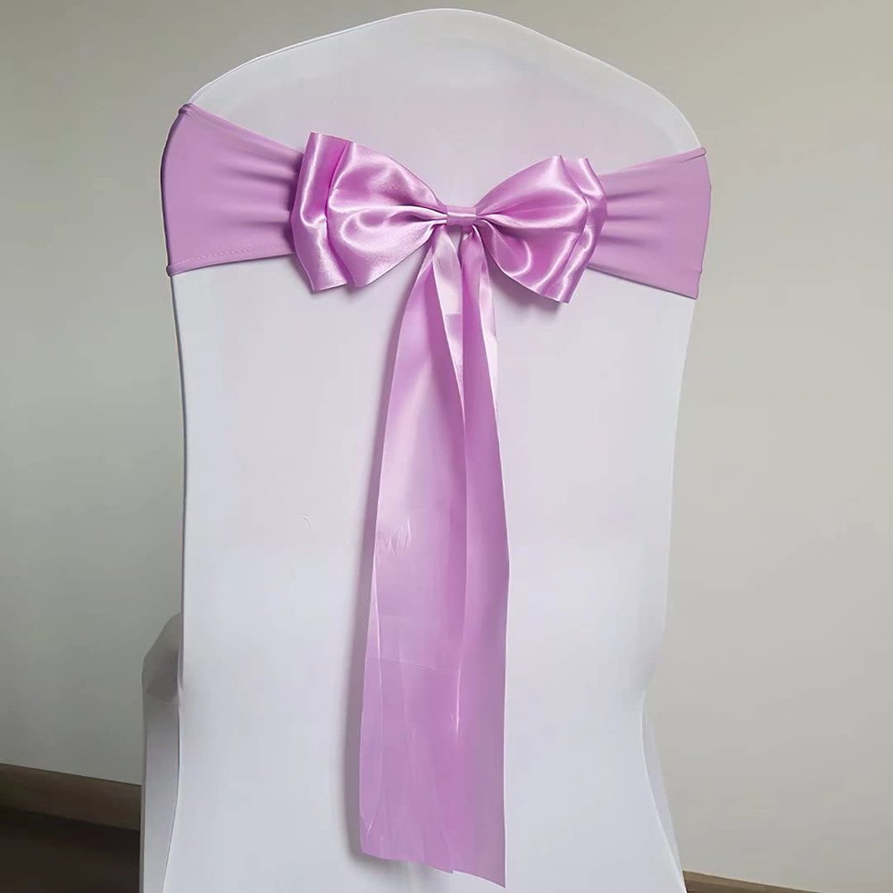 100pcs Stretch Chair Sashes Double Bows Bands Spandex Cover Decoration for Wedding Party Birthday Banquet Decor Christmas Events Supplies Pink Purple