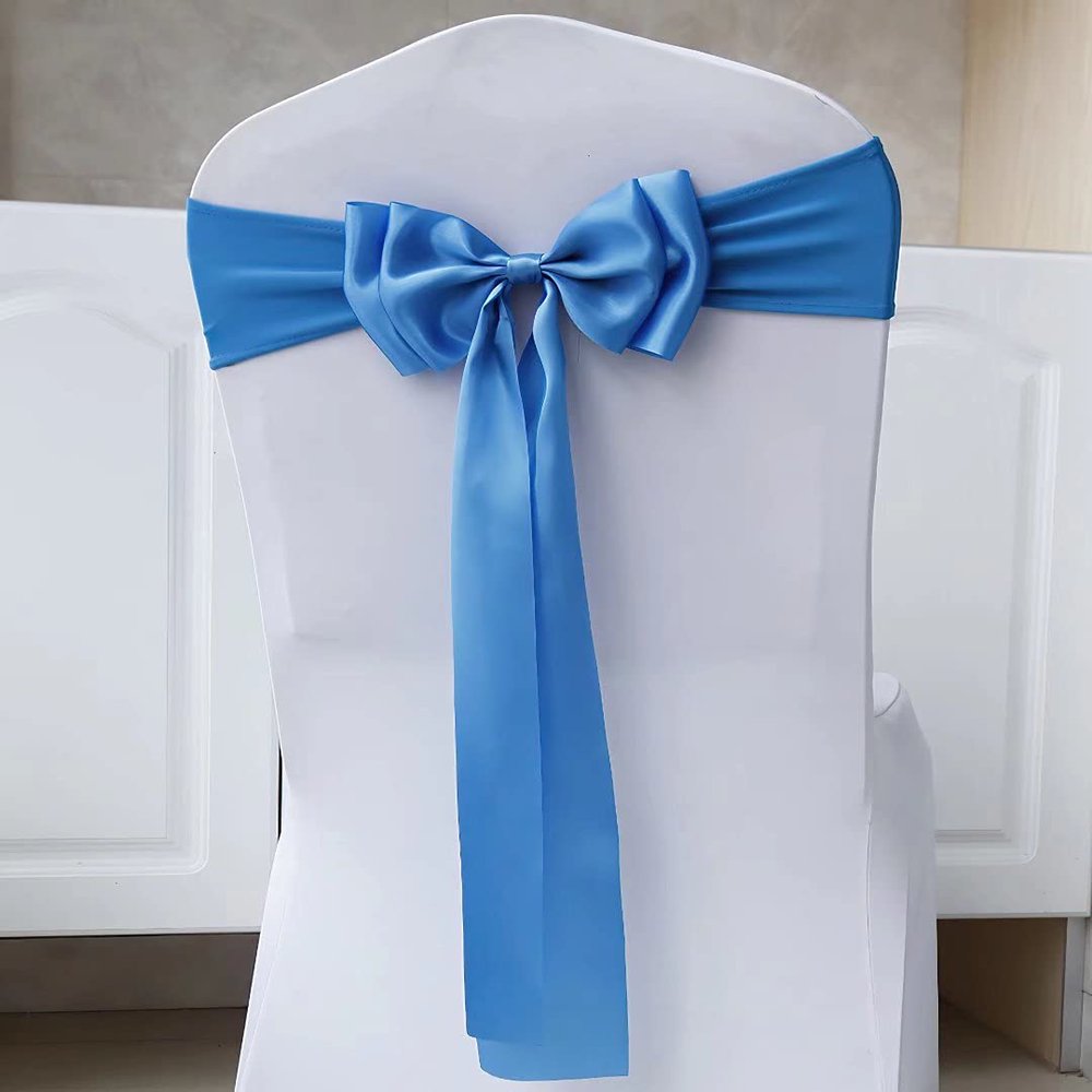 100Pcs Stretch Double Bows Spandex Chair Cover Decoration for Wedding Party Birthday Banquet Decor Christmas or Events Supplies - Blue