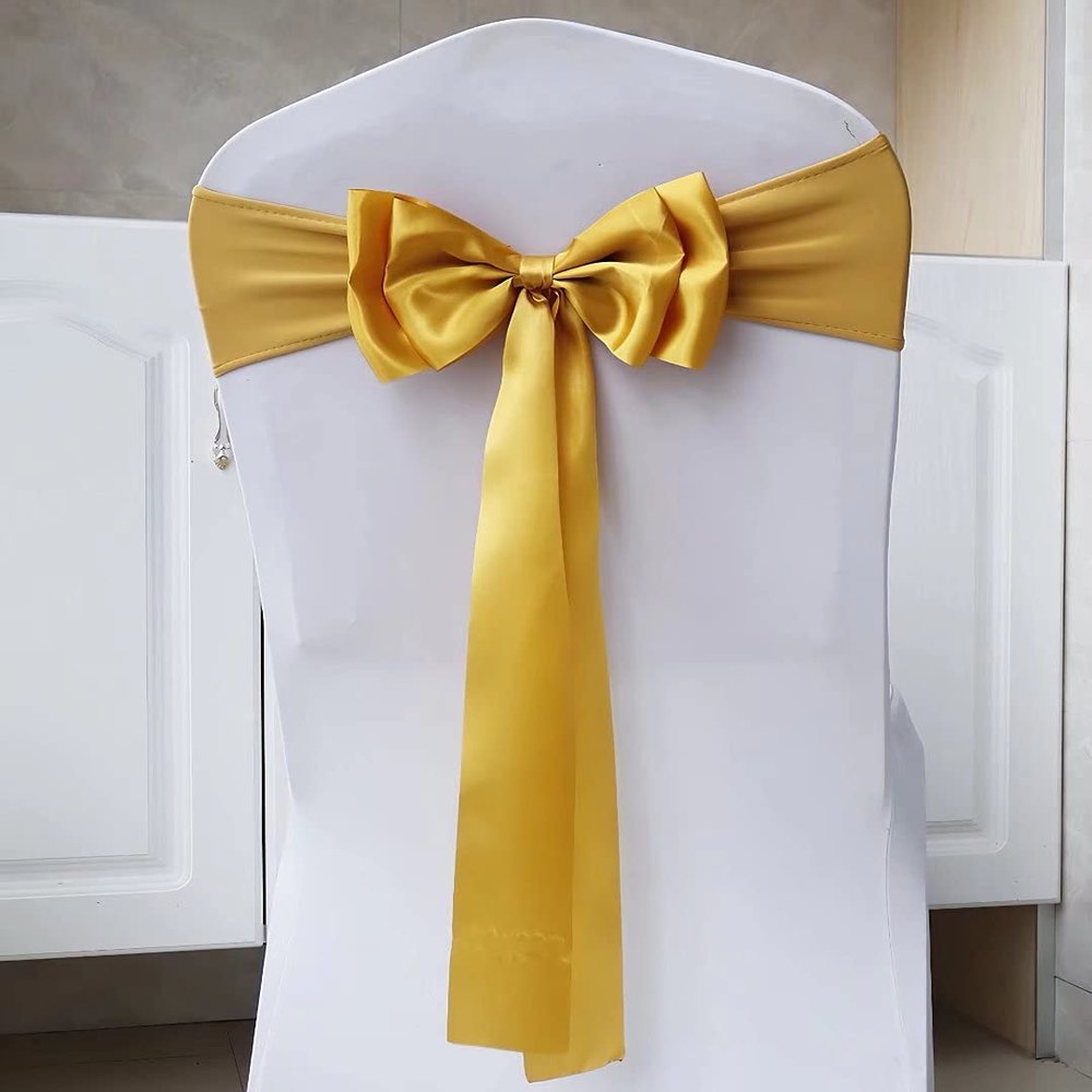 100PcsStretch Chair Sashes Double Bows Chair Bands Spandex Chair Cover Decoration for Wedding Party Birthday Banquet Decor Christmas or Events Supplies Chair Decoration Chair Bow Sash Yellow