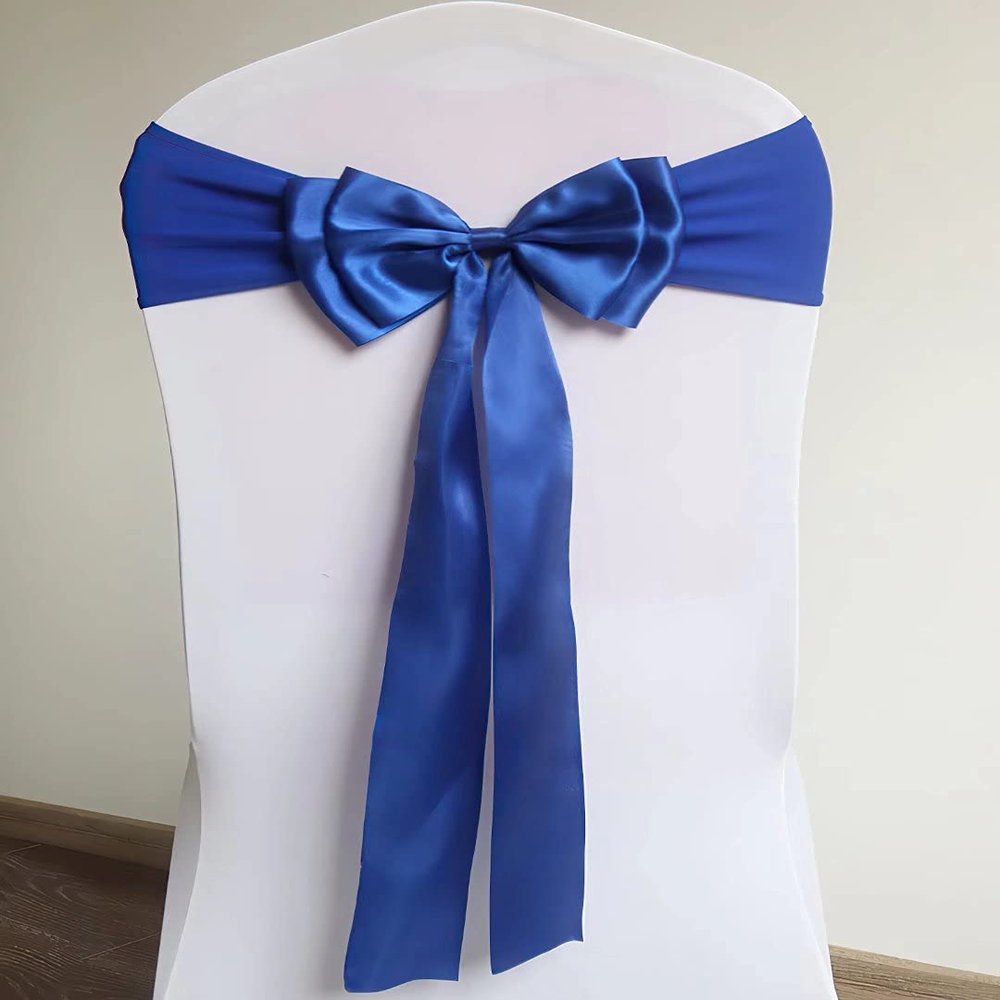 100Pcs Stretch Chair Sashes Double Bows Spandex Chair Cover Decoration for Wedding Party Birthday Banquet Christmas Events Supplies Royal Blue