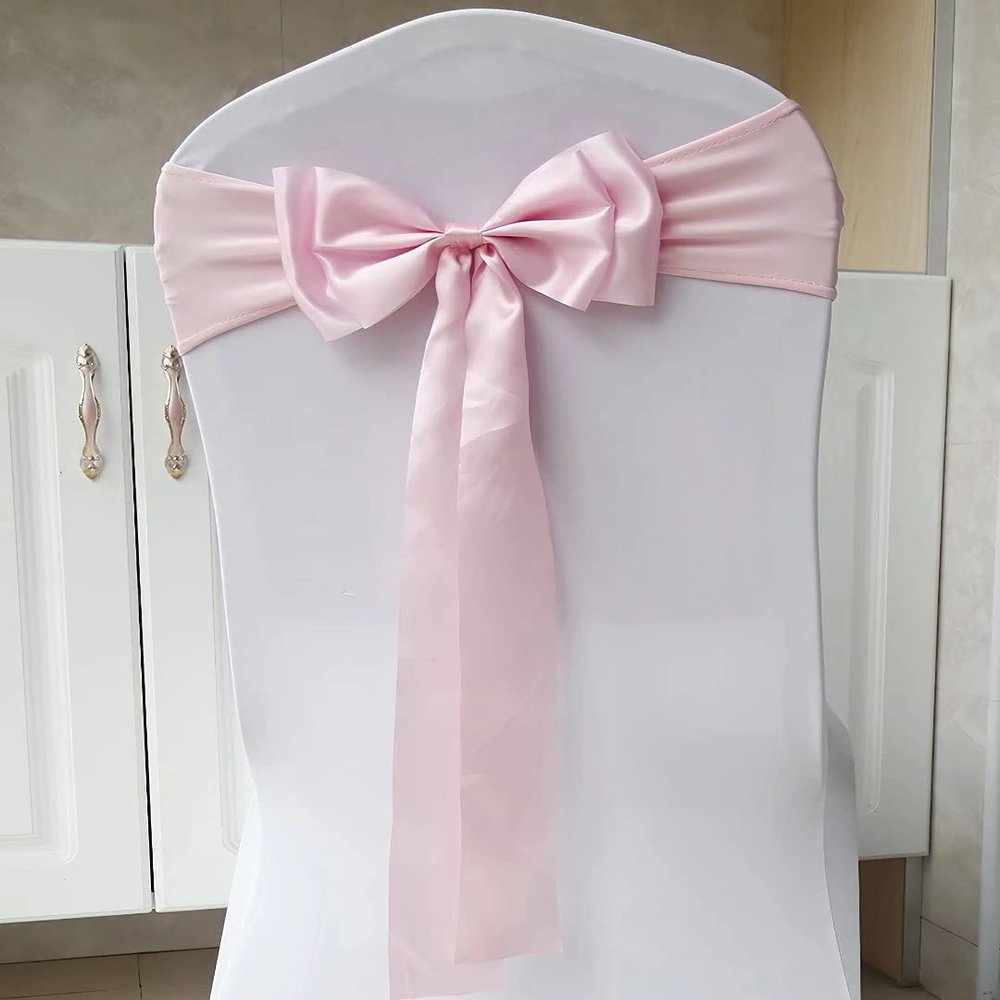100pcs Stretch Chair Sashes Double Bows Bands Spandex Cover Decoration for Wedding Party Birthday Banquet Decor Christmas Events Supplies Light Pink