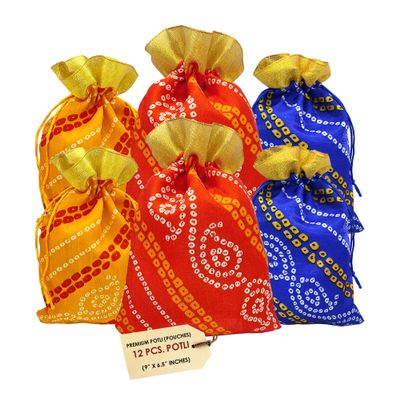 Genieland 12Pc Big Size Designer Bandhej Potli Organza Pouch Favour Bags Dry Fruit Diwali large Holiday reusable Christmas Gift Wrapping bags Multicolor Potli Indian Housewarming Return Gift Items