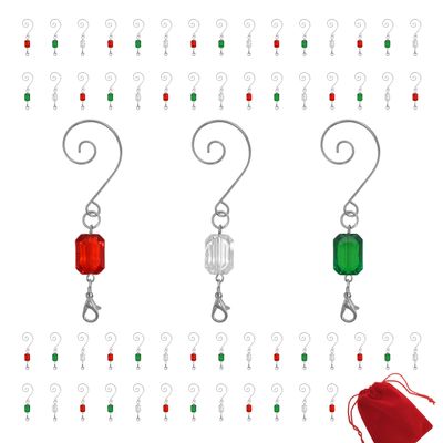Christmas Ornament Hooks - 40 Each of Red, Green and Clear Beaded Hangers - Decorative Silver Wire S-Hook with Sparkling Gems - Holiday Seasonal Dcor Accessories - 120 Hooks - 3" L
