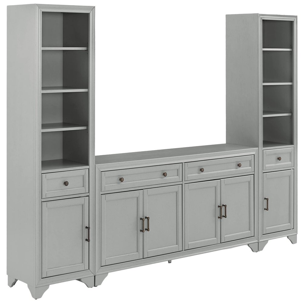 Crosley Furniture Tara 3-Piece Entertainment Center with TV Stand, Bookshelves, and Storage Shelves, Distressed Gray