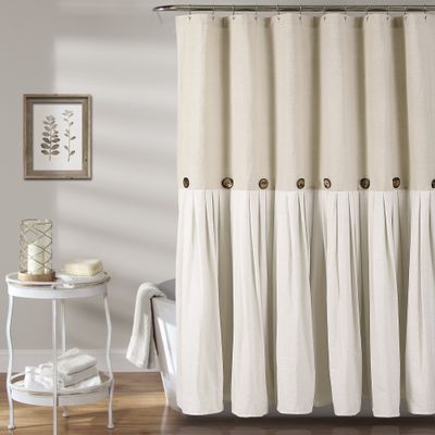Lush Decor Linen Button Shower Curtain, 72" W x 84" L, Linen - Extra Long Shower Curtains - Neutral Shower Curtain Fabric - Farmhouse Bathroom Decor