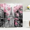 Chrainy 4Pcs Paris Eiffel Tower Pink Shower Curtain Sets Bathroom Set Decor with Non-Slip Rugs Bath U-Shaped Mat Toilet Lid Cover Waterproof Valentine Bathroom Curtains Shower Set with 12 Hooks view 2
